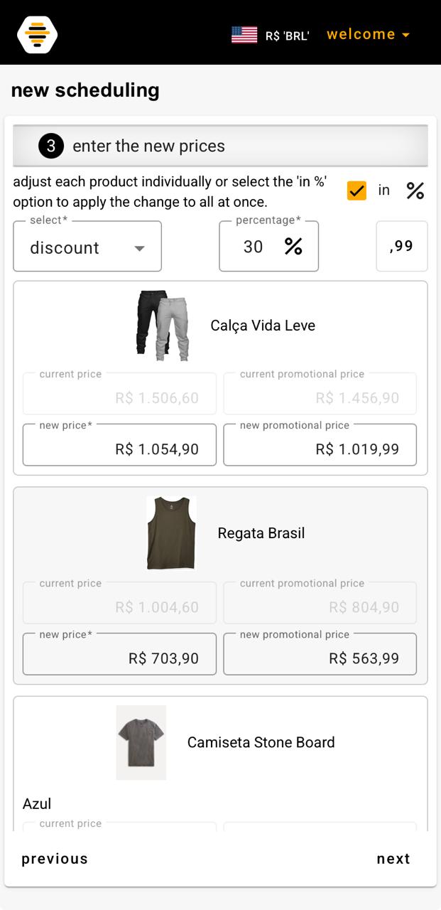 Step 3 of agendabee — setting new prices with bulk percentage option