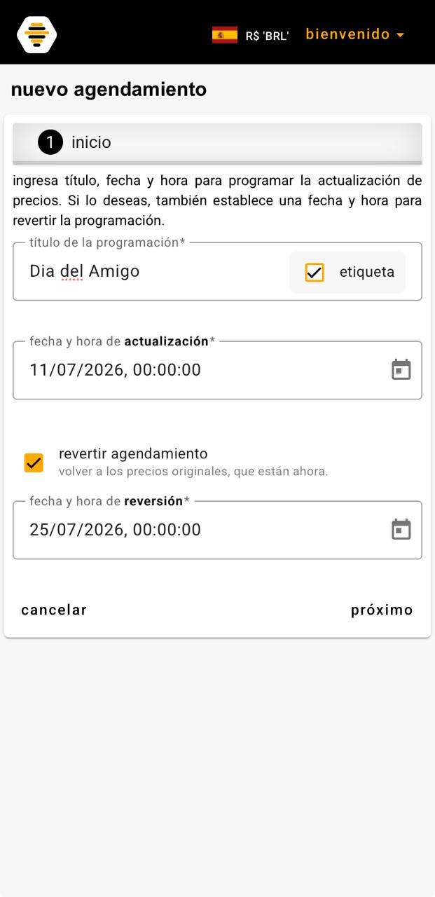 Paso 1 de agendabee — configuración de título, fecha de actualización y fecha de reversión