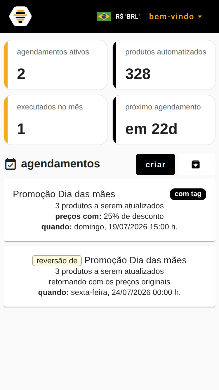 Dashboard do agendabee com agendamentos listados — atualização e reversão automática visíveis