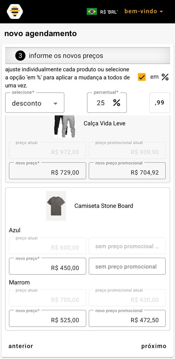 Passo 3 do agendabee — definição dos novos preços com opção de aplicação percentual em massa